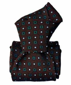 Klasyczny Krawat Jedwabny - Brązowy w Zielone Kwadraty